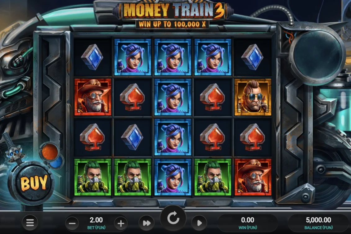 Money Train 3 base game grid showing character symbols on 5x4 reels at 2.00 bet