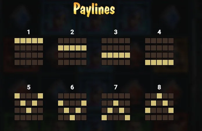 Money Train 3 payline patterns showing 8 of 40 fixed paylines on 5x4 grid