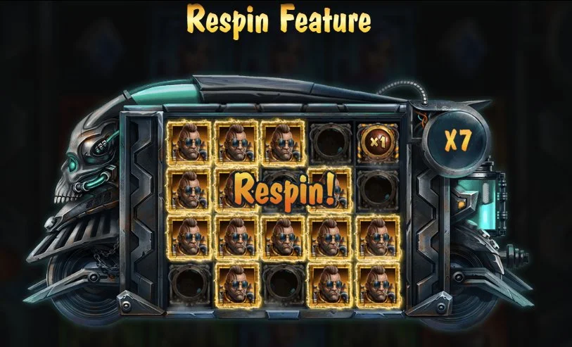 Respin Feature triggered in Money Train 3 with sticky gold symbols and x7 multiplier